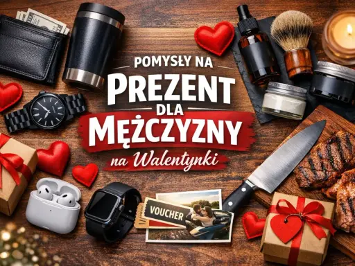 Zestaw prezentów walentynkowych dla mężczyzny: zegarek, słuchawki, portfel, grillowane mięso, kosmetyki.